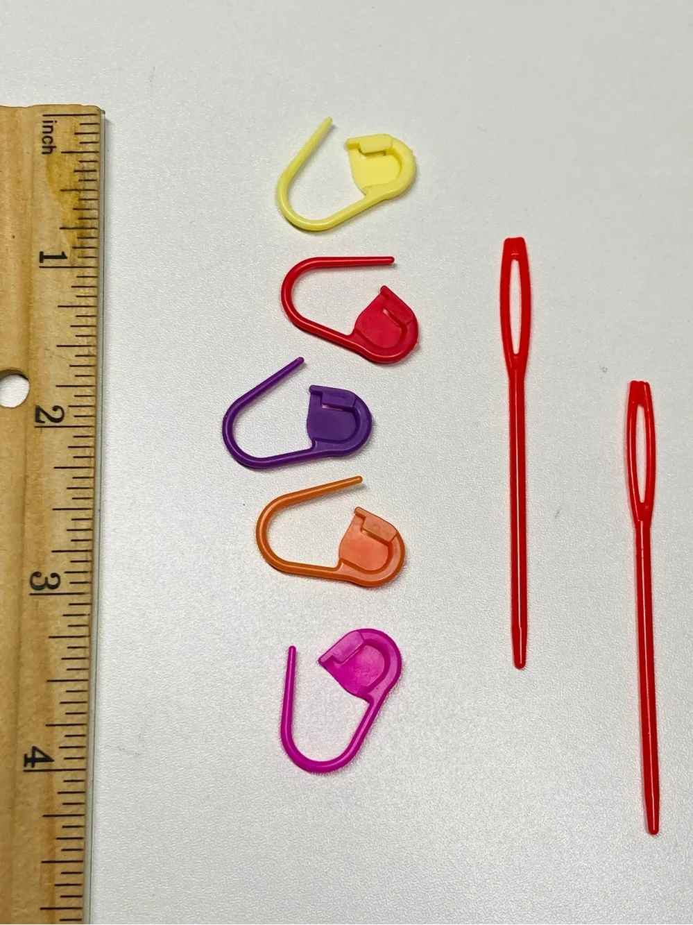 5 for $10: 5 Colorful Stitch Markers and 2 Plastic Sewing Needles Bright Colors